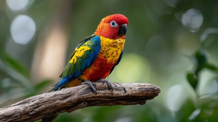  colorful bird sits atop a tree branch against a sharp contrast of a verdant forest behind it