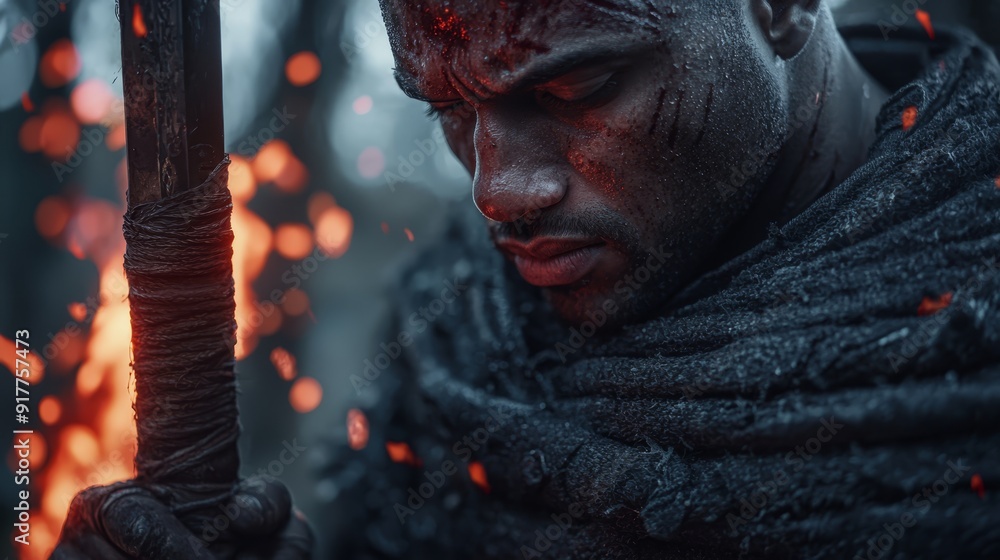 Canvas Prints  A man tightly grips a sword in front of a forest ablaze with red and orange fireballs in this detailed shot