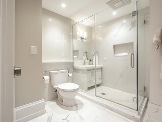 A modern bathroom with refurbished glass shower and sleek fixtures