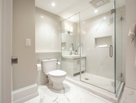 A modern bathroom with refurbished glass shower and sleek fixtures