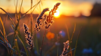 Fototapeta premium The sun sets over a field, tall grass in the foreground