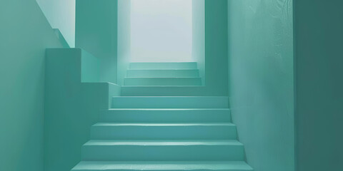 Fototapeta premium A serene staircase painted in cool turquoise, leading to a bright light, symbolizing hope and new beginnings.