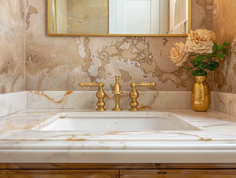 A stylish bathroom with refurbished marble sink and gold fixtures