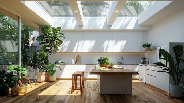 A bright kitchen with refurbished skylights and green plants