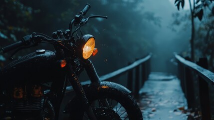  A motorcycle rests by the roadside, near a wooden bridge, in a foggy forest