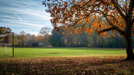 A park with a large tree in the foreground and a soccer field in the background
