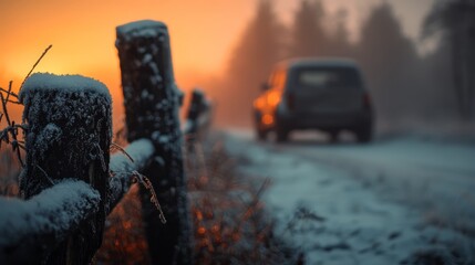  Car driving down snow-covered road beside a wooden fence Another car parked on roadside