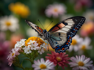 Obraz premium A stunning high-definition photograph, captured using a professional camera, depicts a Pearl Butterfly with colorfu flowers, and dense flowers, The cinematic quality, design