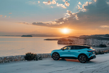 Obraz premium Blue compact SUV car with sport and modern design parked on concrete road by the sea at sunset. Environmentally friendly technology. Business success concept. 