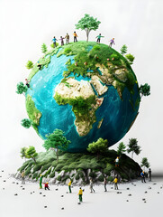 3D Flat Icon of People Presenting Eco Friendly Project Proposals with Earth Model   Creative and Innovative Environmental Planning Concept on White Background