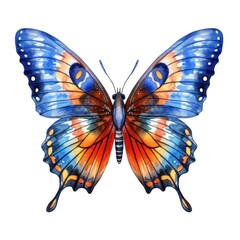 Vibrant Watercolor Butterfly Illustration with Blue and Orange Wings - Perfect for Nature Art and Design Projects