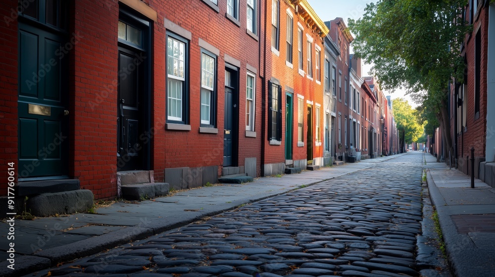 Wall mural a city street lined with historic brick buildings, the rich textures and patterns of the bricks