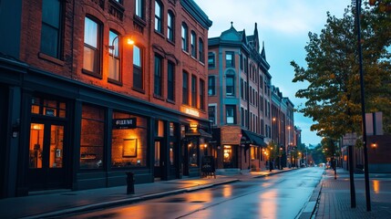 Obraz premium A city street lined with historic brick buildings, the rich textures and patterns of the bricks