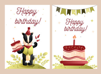 Childrens cute greeting card. a set of greeting cards with a cute badger and a birthday cake. Vector.