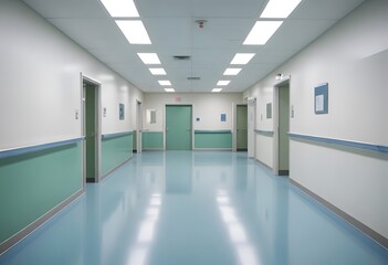 Hospital corridor in hospital. A long, empty hospital corridor with white walls, green trim, and a tiled blue floor. The corridor is well-lit by overhead fluorescent lights