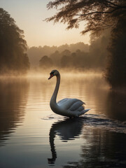 Fototapeta premium Swan gliding on a misty lake at sunrise surrounded by trees