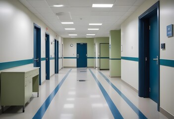 Obraz premium Hospital corridor in hospital. A long, empty hospital corridor with white walls, green trim, and a tiled blue floor. The corridor is well-lit by overhead fluorescent lights