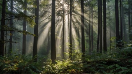 A breathtaking view of a dense, misty forest with sunlight filtering through the trees