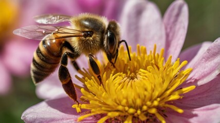 A close-up of a honeybee collecting nectar from a colorful flower, highlighting the beauty of nature