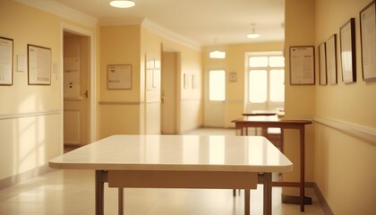 Hospital corridor in hospital. A long, empty hospital corridor with white walls, green trim, and a tiled blue floor. The corridor is well-lit by overhead fluorescent lights