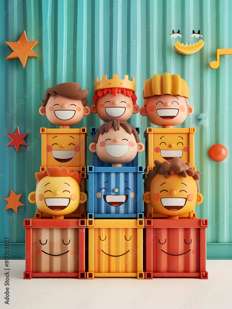 Aufkleber a group of people using enchanted shipping containers with smiling faces on a whimsical background i