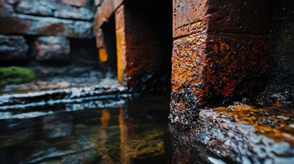  A tight shot of a brick wall adjacent to a body of water, displaying moss growth on its edge