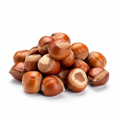 Obraz premium A pile of hazelnuts isolated on a white background. The nuts are brown and round, with a slightly wrinkled texture. They are arranged in a heap, with some of the nuts overlapping each other.