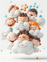 People Floating Clouds Joyful Faces Dreamy Atmosphere Seamless Happy Friendly White Background   3D Flat Icon