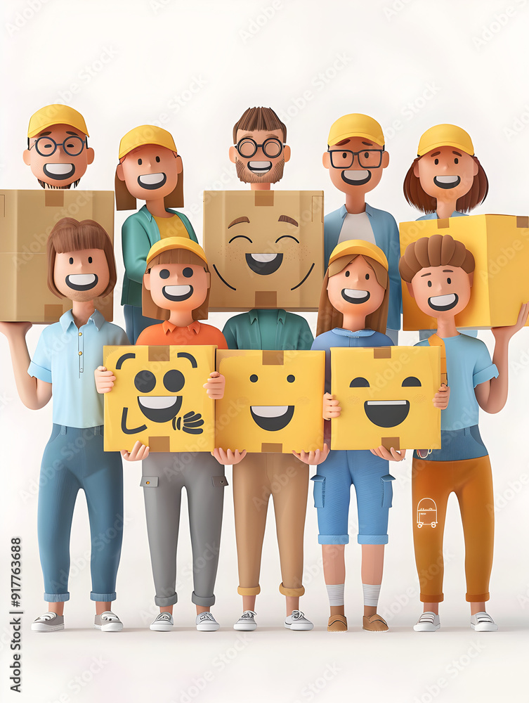 Poster 3d flat icon: group holding floating delivery boxes with smiling faces on whimsical background joyfu