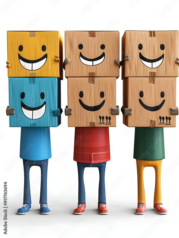 Poster 3d flat icon of people holding floating delivery boxes with smiling faces on whimsical background fo