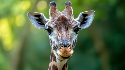  A tight shot of a giraffe's face with trees in the background