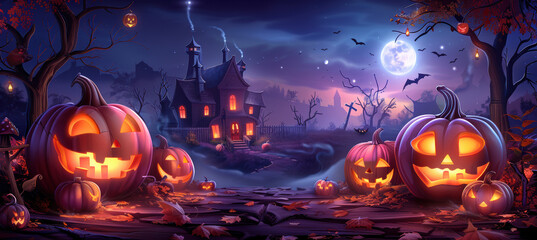 Cartoon Halloween Scene with Pumpkins