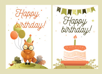 Childrens cute greeting card. Cute birthday cards featuring an owl with balloons and a cake design. Vector.