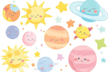 Fototapeta premium Charming Kawaii Vector Art Featuring Planets, Sun, and Stars in Pastel Colors, Perfect for Baby Room Decor, Stickers, and Wallpaper Prints on White Background