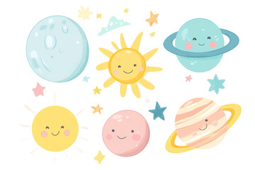 Kawaii Vector Collection of Cute Planets, Sun, and Stars in Pastel Colors, Ideal for Baby Room Decor, Stickers, and Wallpaper, Set on White Background

