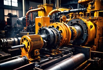 Obraz premium vibrant industrial machinery showcase modern equipment illuminated dynamic lighting, technology, operation, design, mechanics, tools, automation