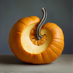 Ripe pumpkin with a beautiful cut curl and a sticking tail