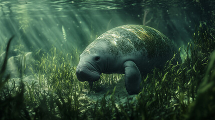 Manatee Grazing on Seagrass in a Coastal Lagoon