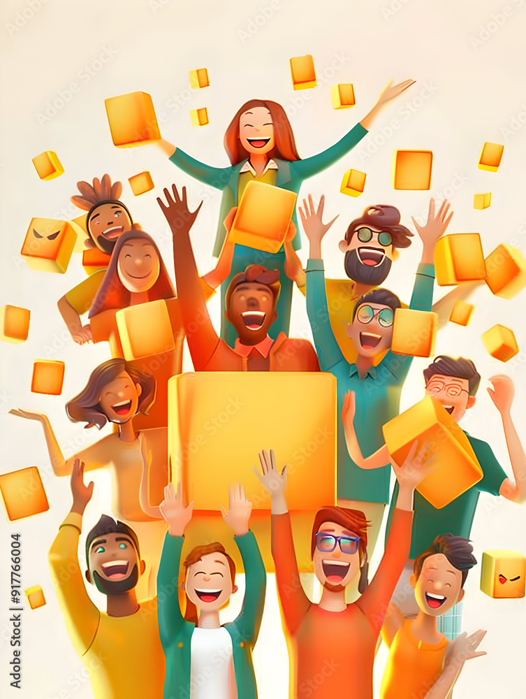 Poster a group of people using glowing inventory software with joyful expressions 3d flat icon concept