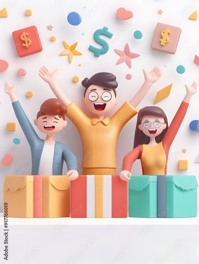 Aufkleber a group of people using glowing inventory software with joyful expressions in 3d flat icon concept