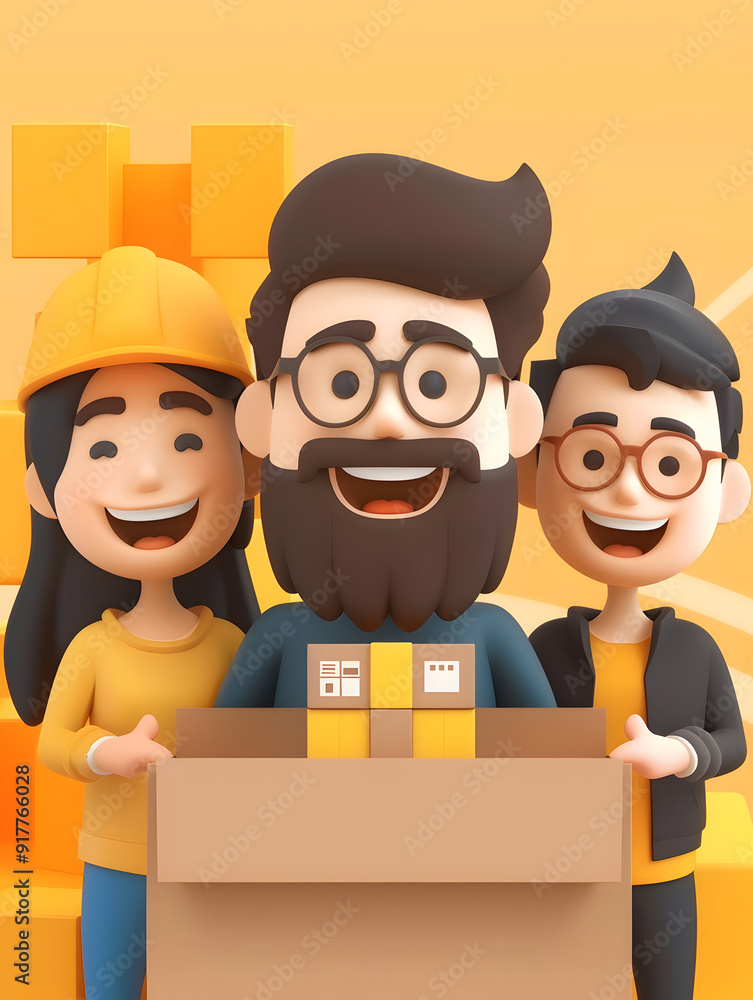 Aufkleber a group of people using glowing inventory software with joyful expressions in a 3d flat icon concept