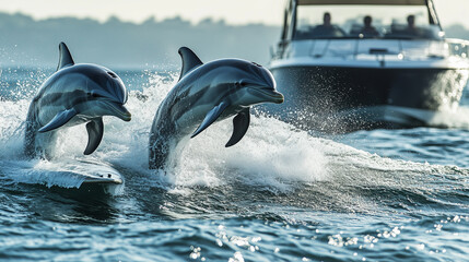 Obraz premium Group of Dolphins Surfing Near a Boat