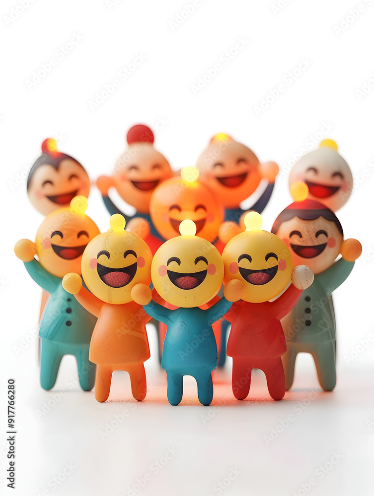 Poster 3d flat icon of people with glowing meeting tools and beaming faces in productive meeting concept is