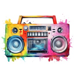 Fototapeta premium Vibrant Watercolor Boombox Illustration with Rainbow Colors and Retro Design, Perfect for Music and Art Lovers