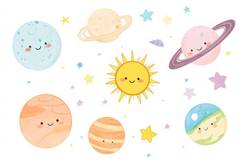 Vector Illustration of Cute Planets, Sun, and Stars in Pastel Kawaii Style on White Background, Perfect for Baby Room Decorations and Wallpaper Prints