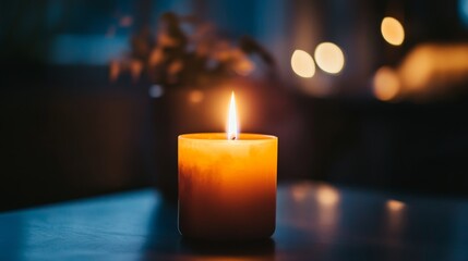 A candle flame burning brightly in a dimly lit room, with the surrounding area softly illuminated, highlighting the contrast between light and darkness.