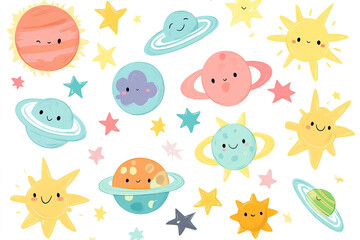Obraz premium Charming Kawaii Vector Illustration of Planets, Sun, and Stars in Soft Pastel Colors, Great for Decorating a Baby’s Room or Creating Stickers, White Background