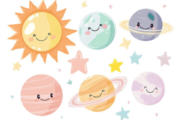 Fototapeta premium Charming Kawaii Vector Illustration of Planets, Sun, and Stars in Soft Pastel Colors, Great for Decorating a Baby’s Room or Creating Stickers, White Background