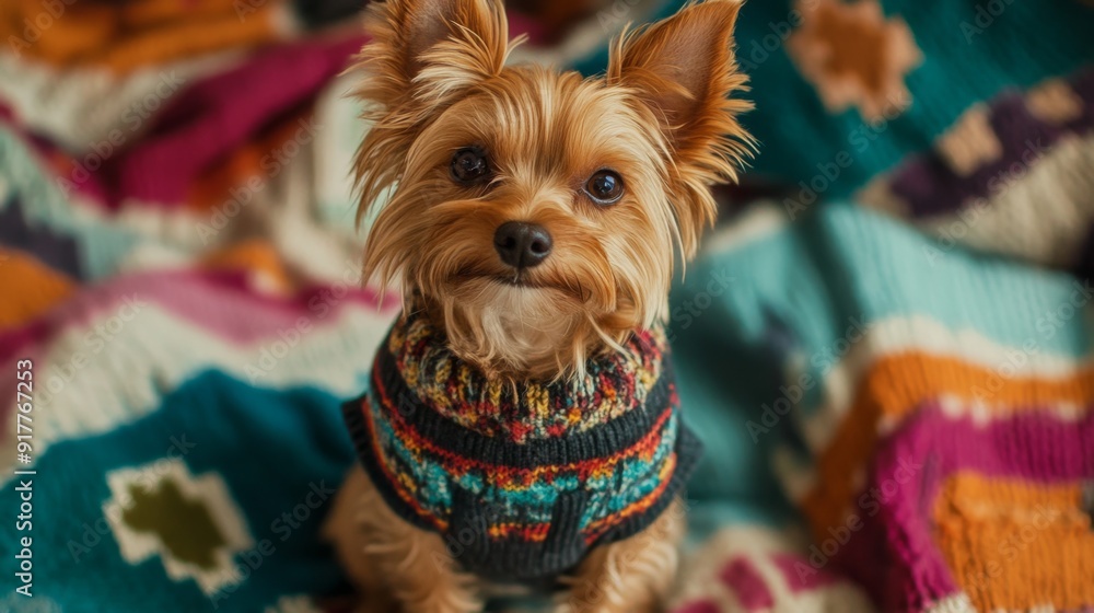 Poster a charming image of a small dog wearing a stylish sweater, sitting happily on a colorful blanket, wi