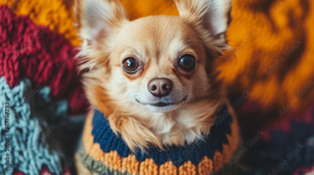 Poster a charming image of a small dog wearing a stylish sweater, sitting happily on a colorful blanket, wi